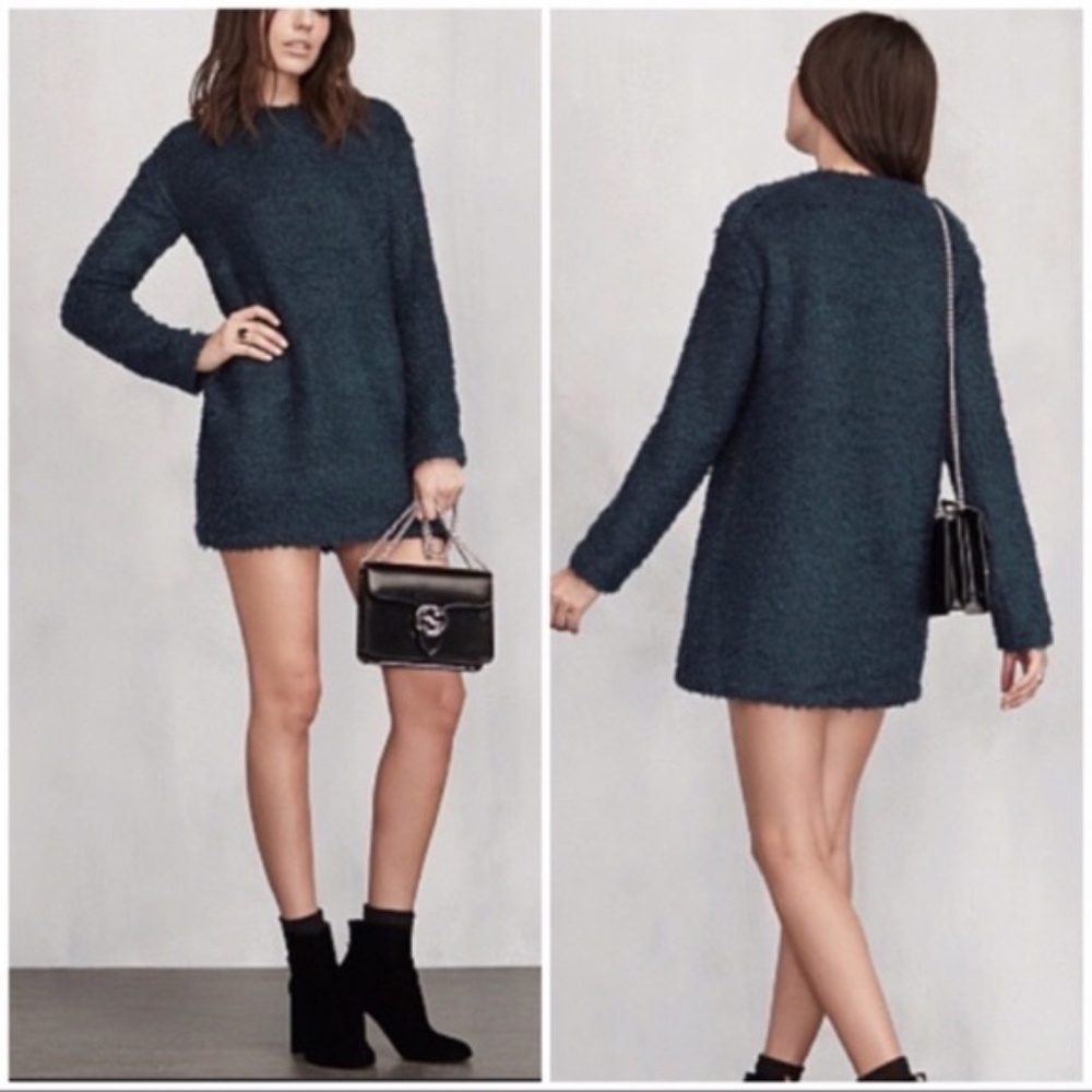 Reformation Loki Textured Shag Boucle Teddy Sweater Mini Dress Teal Green XS